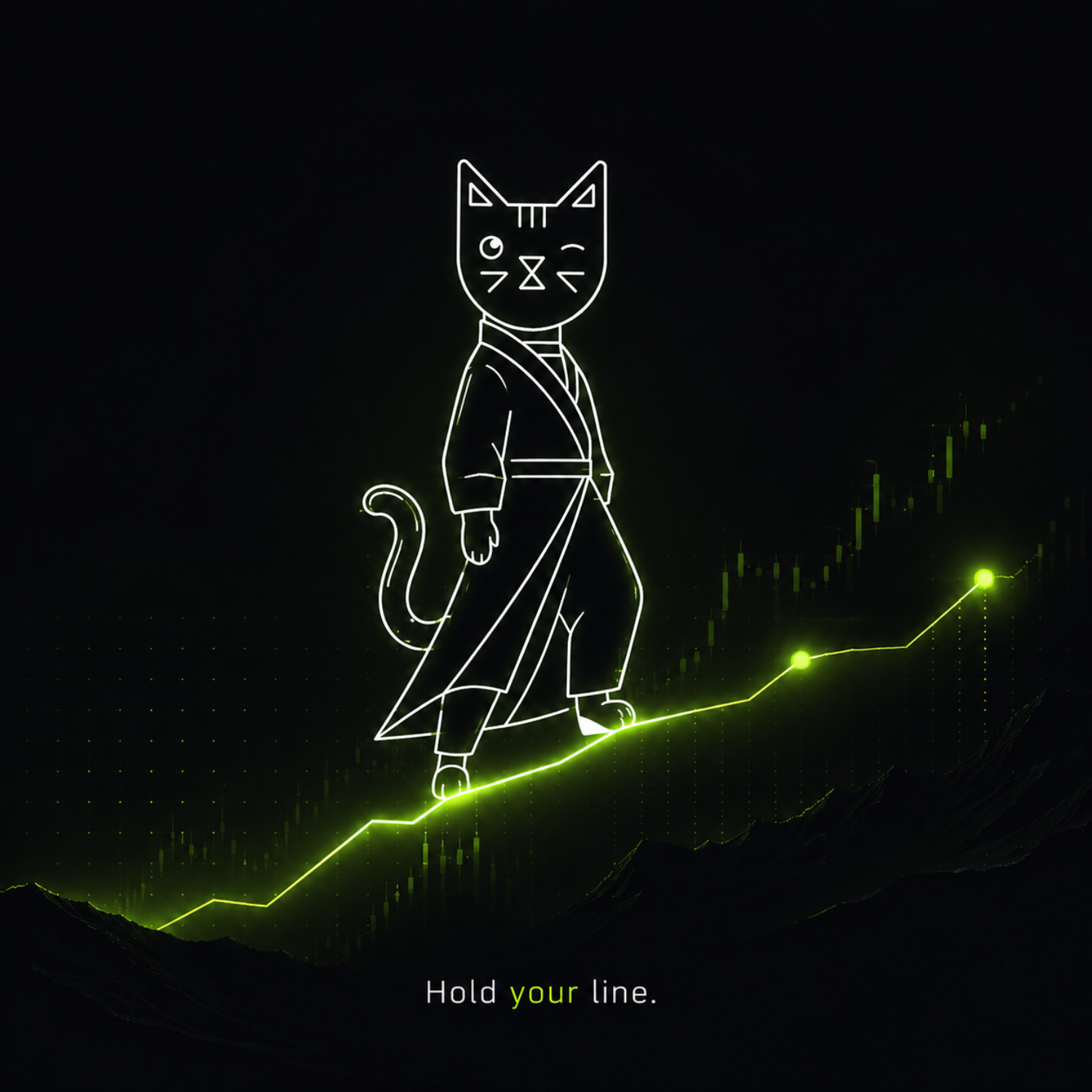 Winkcat walking a green market line; hold your line